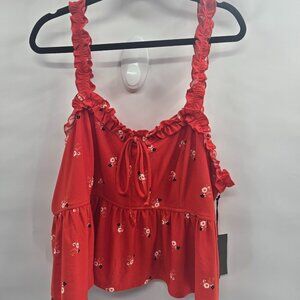 Lily White Red Floral Ruffled Tie Front Cropped Ruched Blouse 3x